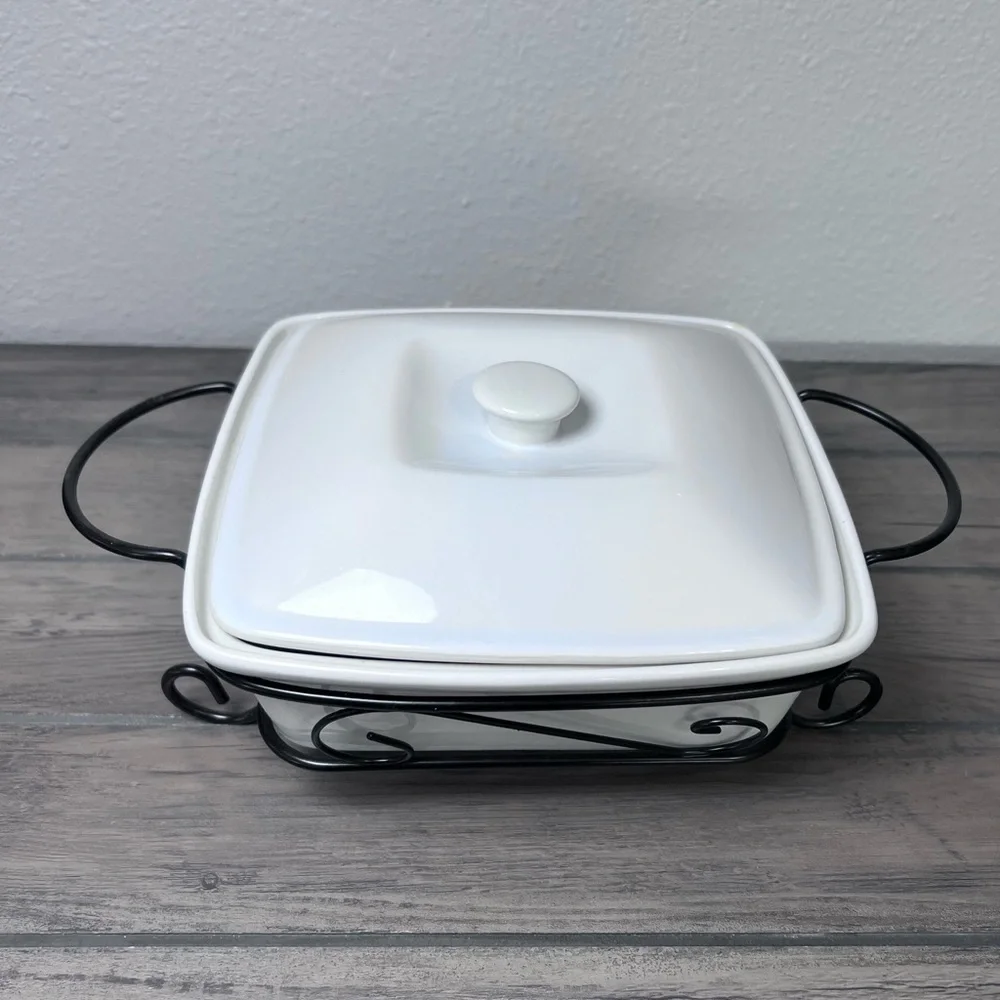Banquet White Ceramic Casserole Baking Dish with Lid &‎ Scrollwork Metal Stand